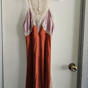 Elegant Lace Trim Pajama Dress - Orange and Lavender